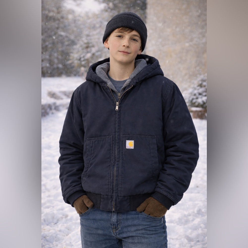 Carhartt Kids black, full-zip insulated, hooded canvas jacket. Size 10-12